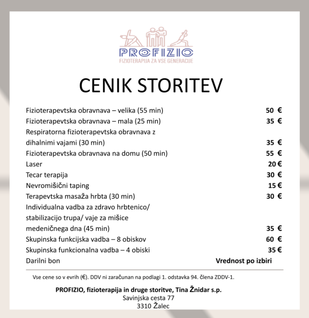 Cenik storitev - Profizio, Tina Žnidar s.p.